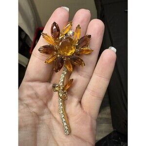 Vintage Juliana D&E Topaz Amber Rhinestone Flower Brooch VerifiedDesign